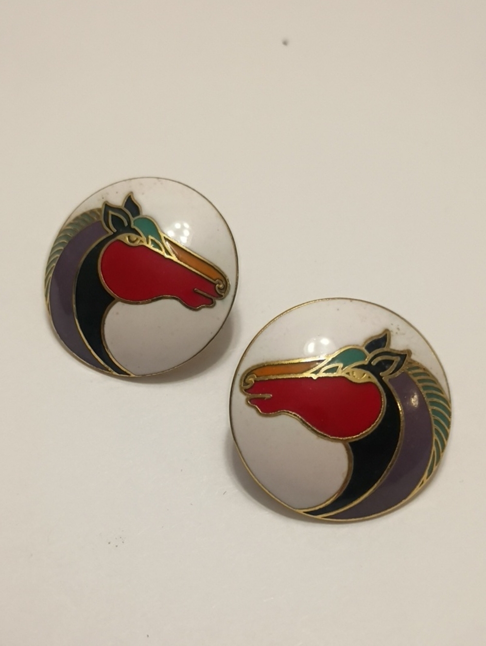 Vintage Enamel Horse Head Button Earrings Signed Laurel Burch Equestrian